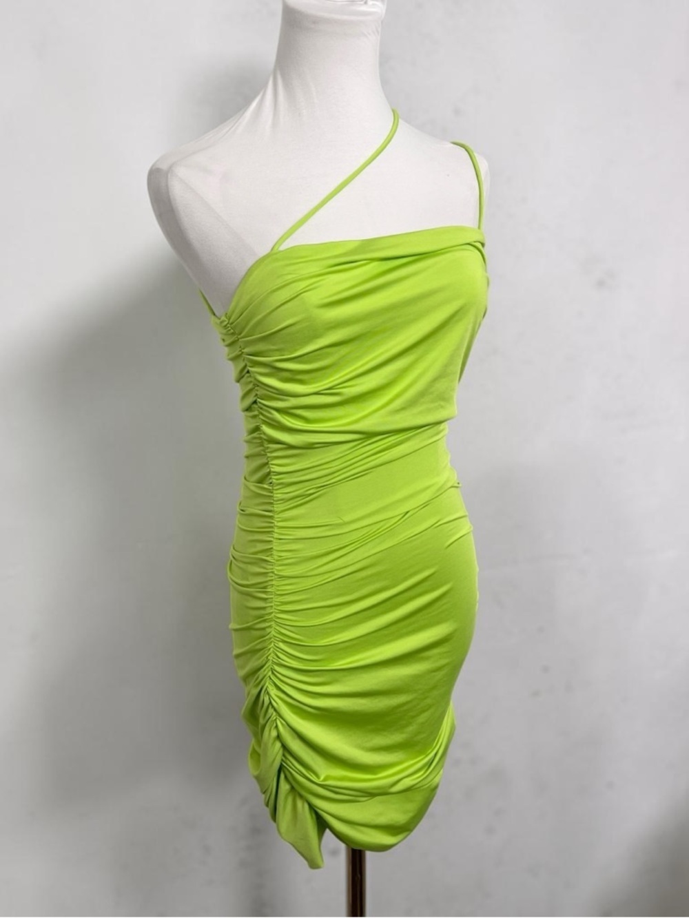 SUPERDOWN Neon Lime Ruched Mini Dress One Shoulder Bodycon M